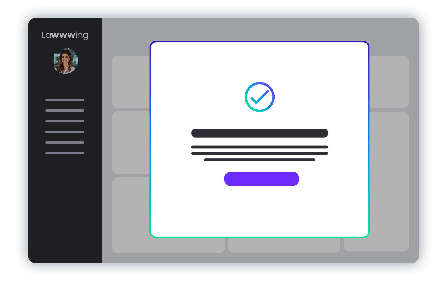 Pantalla de confirmación en la plataforma Lawwwing, mostrando un icono de verificación y un mensaje de éxito en el registro de marca.