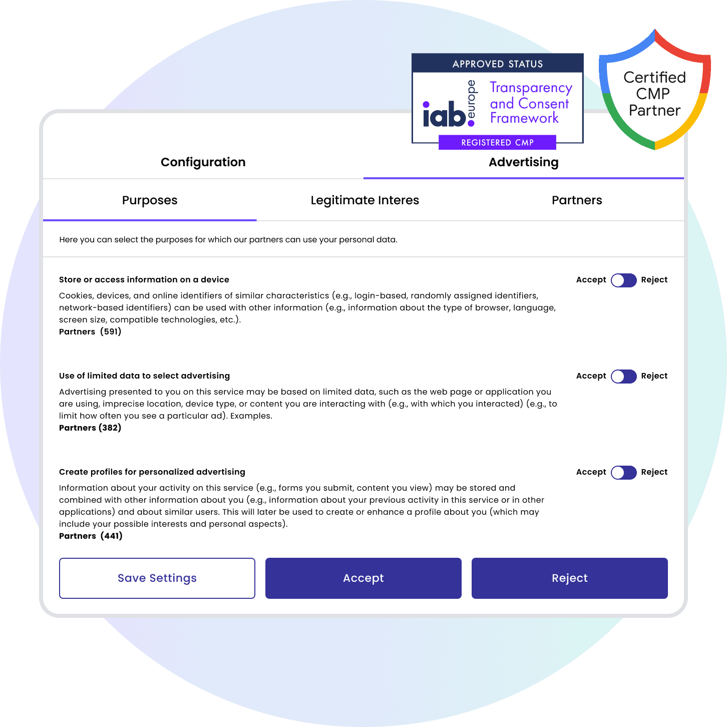 Lawwwing cookie configuration banner with IAB and CMP certification. Allows users to select preferences for purposes, legitimate interest, and partners, with options to accept or reject data storage, limited data use, and personalized profile creation.