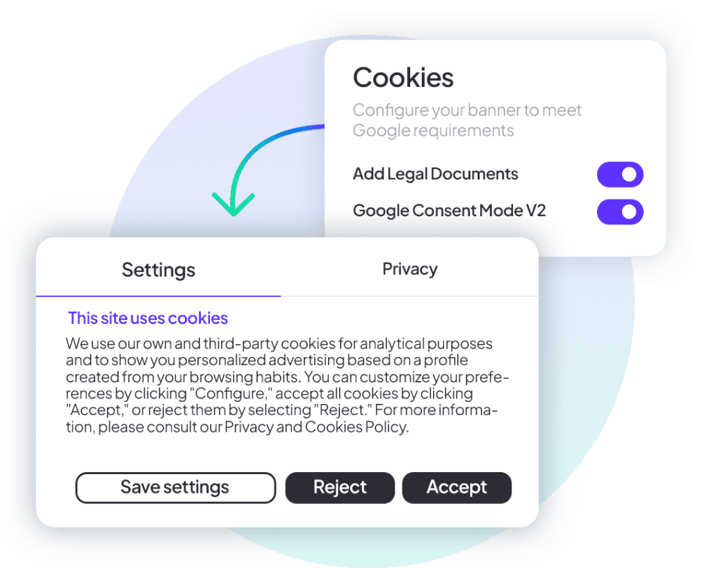 Example of cookie settings on a website, with options to add legal documents and activate Google Consent Mode V2. Includes an interactive banner where users can customize their preferences, accept, or reject cookies.