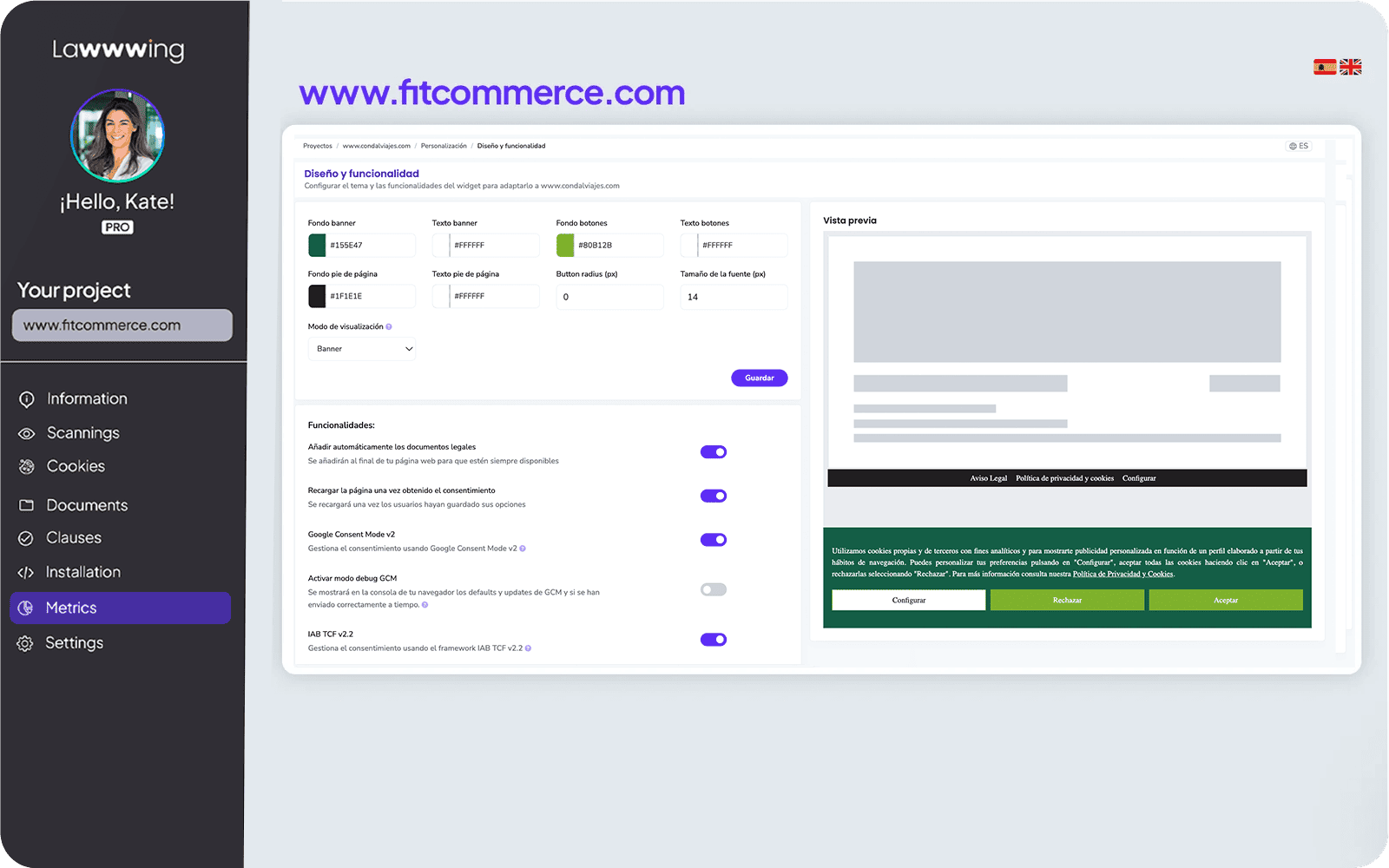 User interface of the Lawwwing platform showcasing options for customizing the design and functionality of a cookie banner. On the left, a sidebar menu includes sections like “Information,” “Scans,” “Cookies,” “Documents,” “Clauses,” “Installation,” “Metrics,” and “Settings.” The central panel features configuration tools for colors, text, font sizes, borders, and banner display mode. Below, toggle switches allow activation of functionalities like adding legal documents, refreshing the page upon obtaining consent, enabling debugging mode, and managing consent modes such as Google Consent Mode v2 and IAB TCF v2.2. On the right, a preview displays the customized banner with “Configure,” “Reject,” and “Accept” buttons.