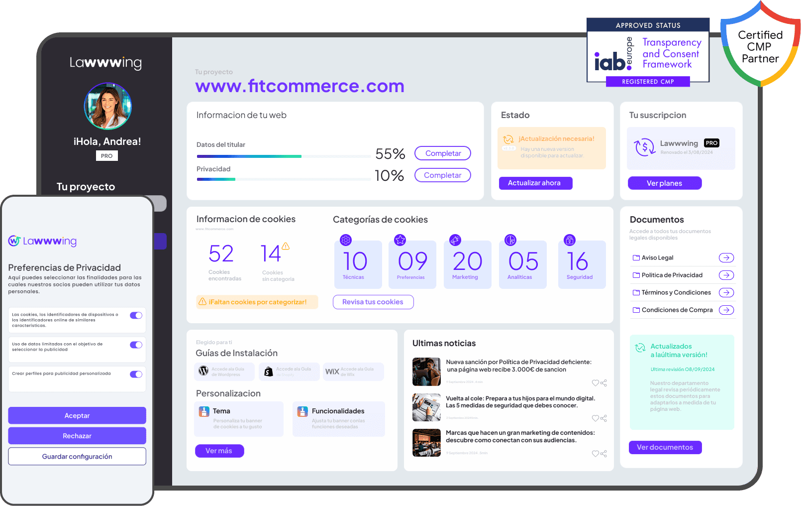 Dashboard de la plataforma de gestión legal digital Lawwwing