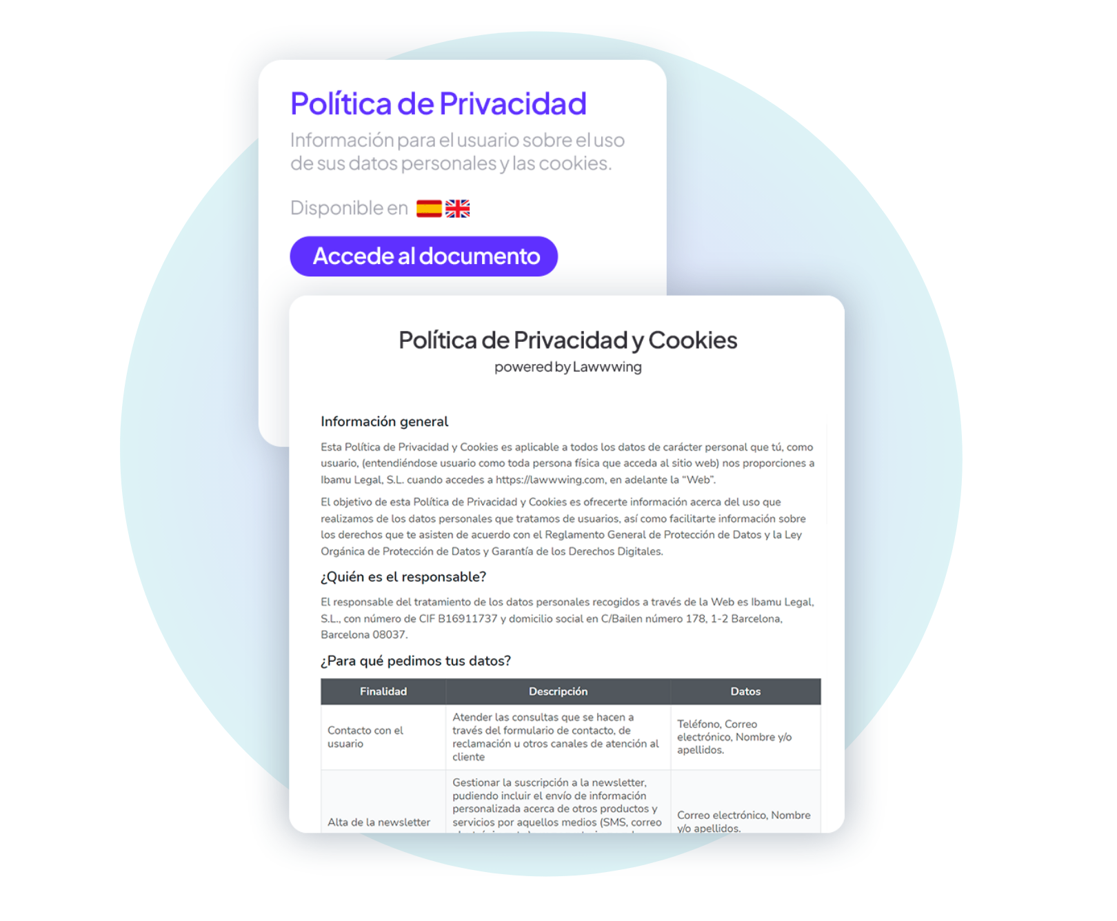 UI flotante política de privacidad lawwwing
